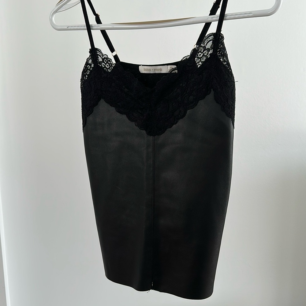 Bishop + Young Faux leather tank with lace trim